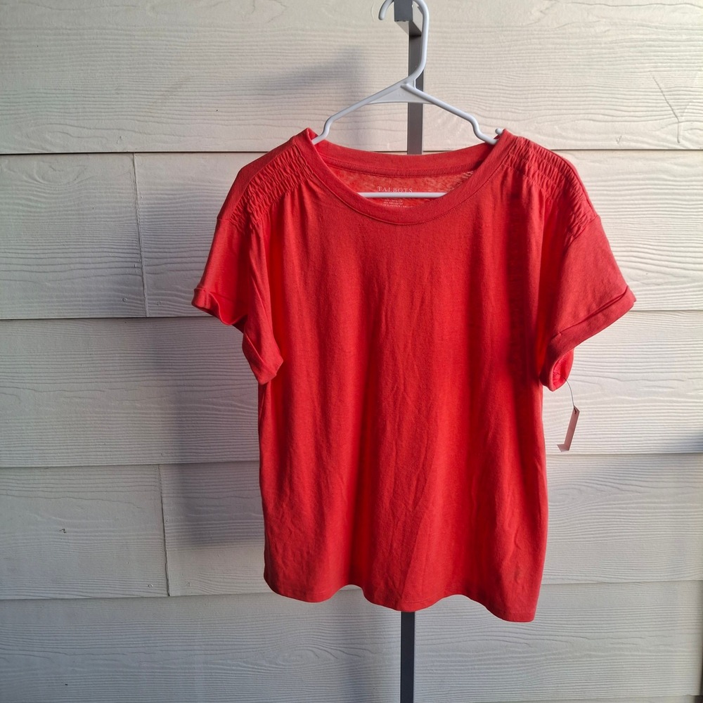 NEW Talbots‎ Womens Coral Linen Blend Smocked Shoulder T-Shirt Size L